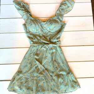 LILY ROSE Sage Floral Mini Dress Ruffle Sleeve Tie Waist Built in Bra